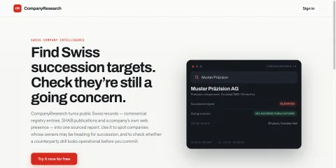 Screenshot of the Swiss Company Research landing page